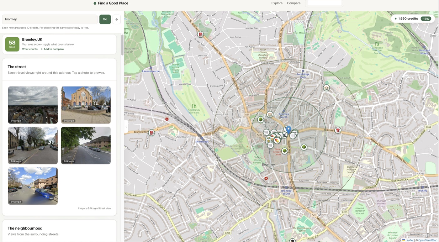 An area score, street-level photos and a map of nearby amenities